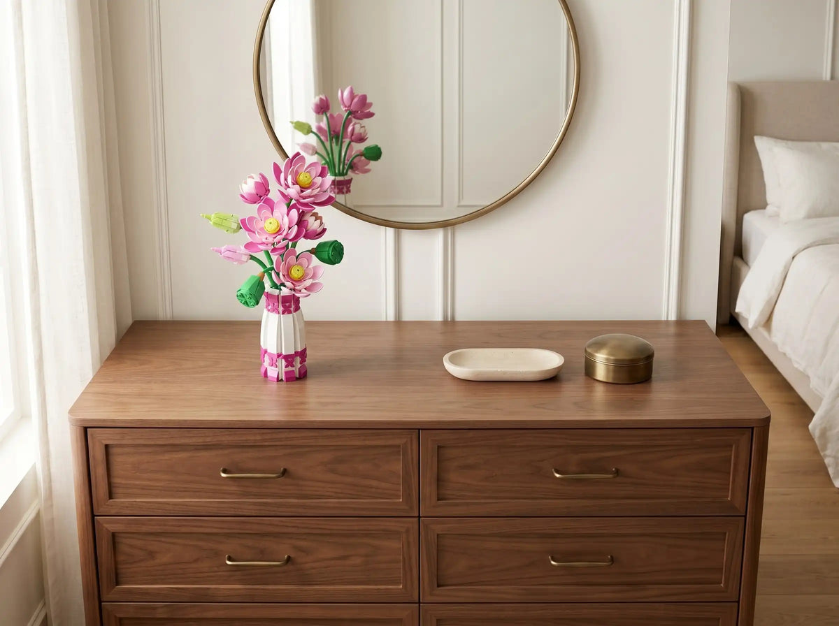 The Serene Lotus displayed on a bedroom dresser, scene 3