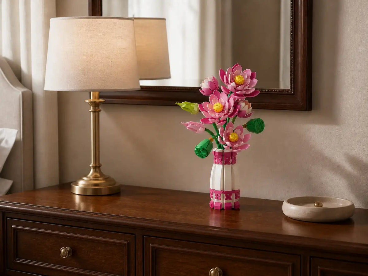 The Serene Lotus displayed on a bedroom dresser, scene 4