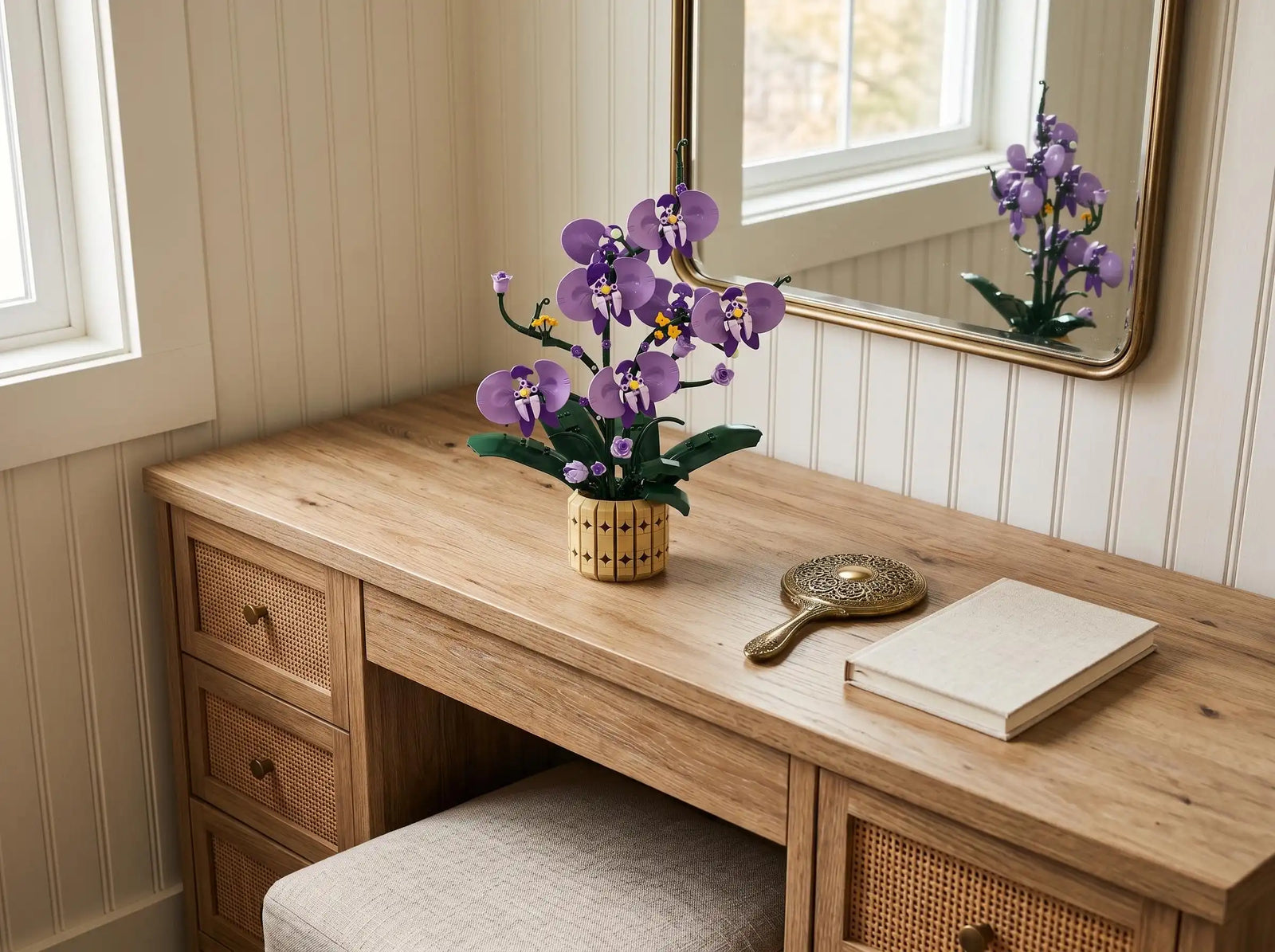 The Orchid Muse displayed on a bedroom dresser, scene 2