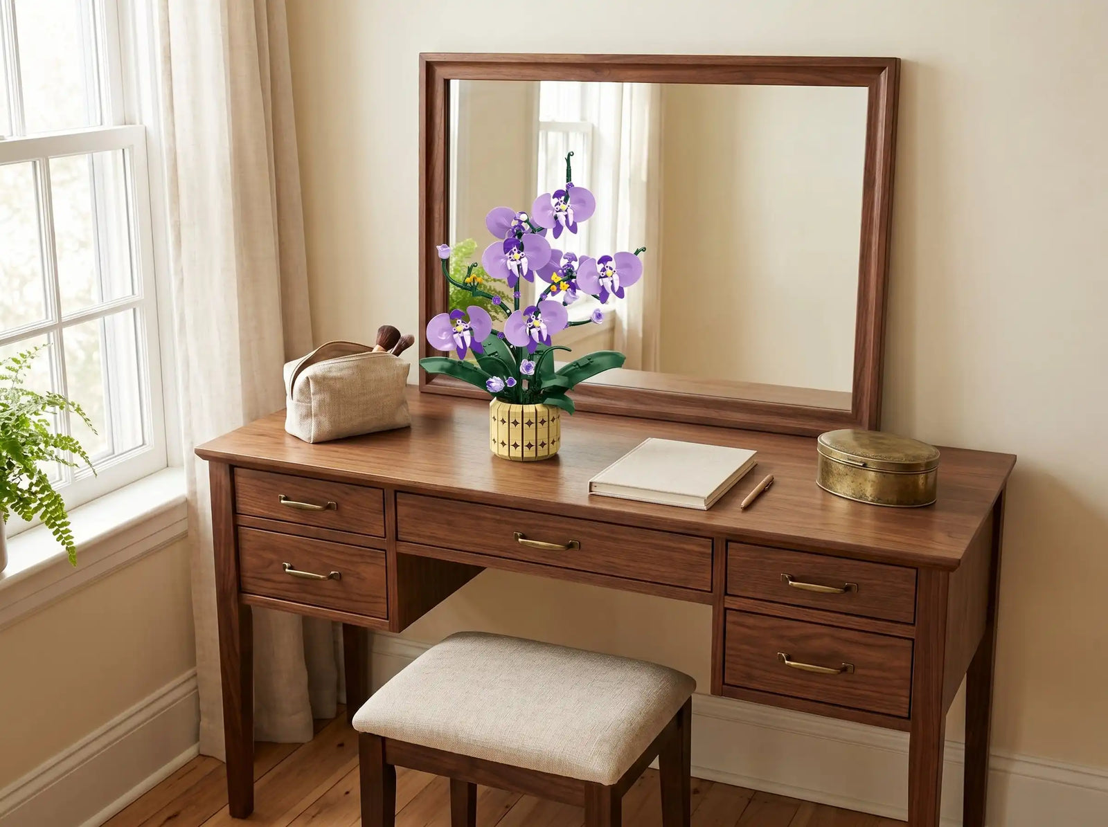 The Orchid Muse displayed on a bedroom dresser, scene 4