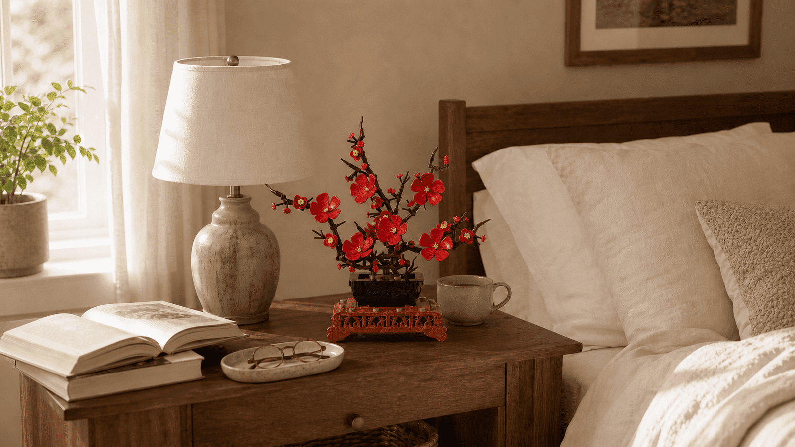Bedroom nightstand after styling with The Plum Reverie