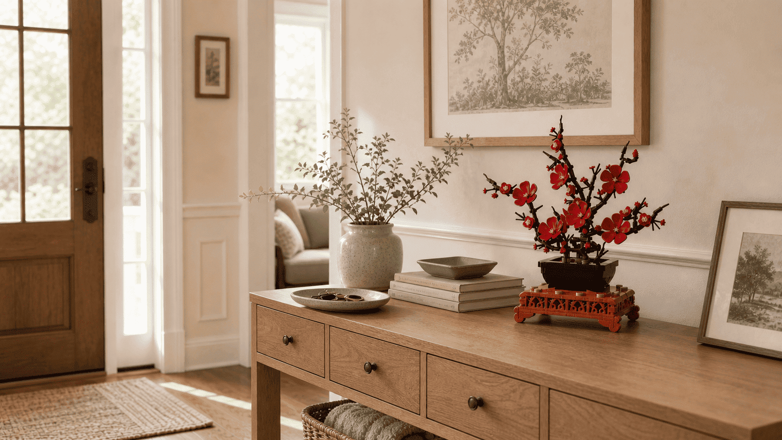 Entryway console table after styling with The Plum Reverie